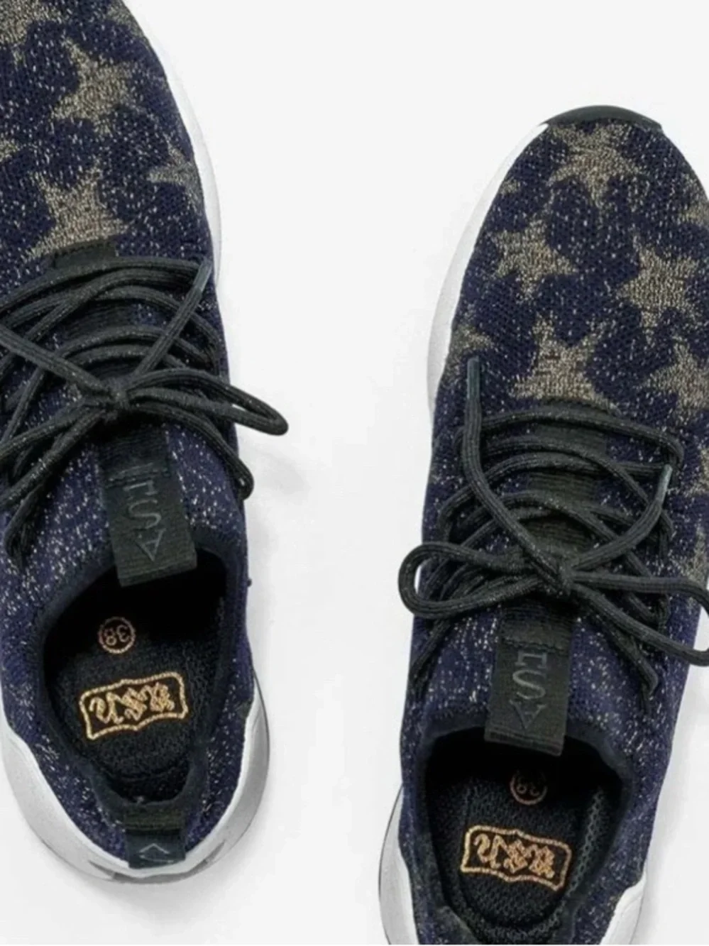 Ash Womens Blue Navy and Gold Jaguar Star Metallic Knit Platform Sneakers